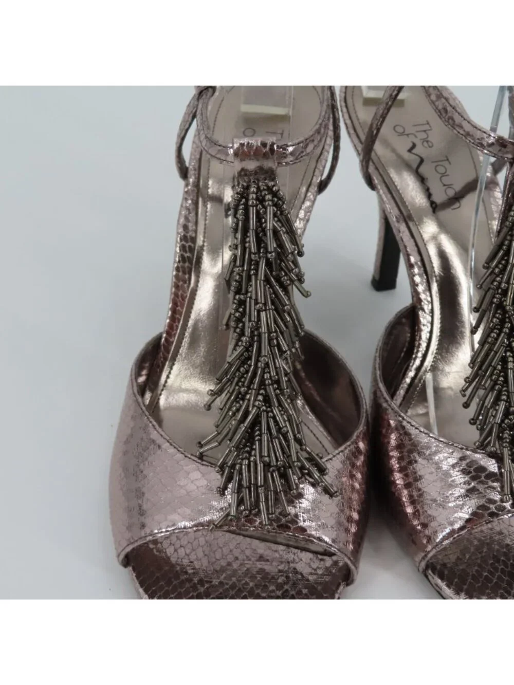 Nina Womens 9.5 M Gigler Metallic Pewter Beaded Fringe Heel Shoes Ankle Strap